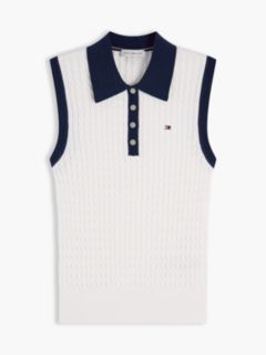 Cable Knit Slim Sleeveless Polo Jumper — Beige 5