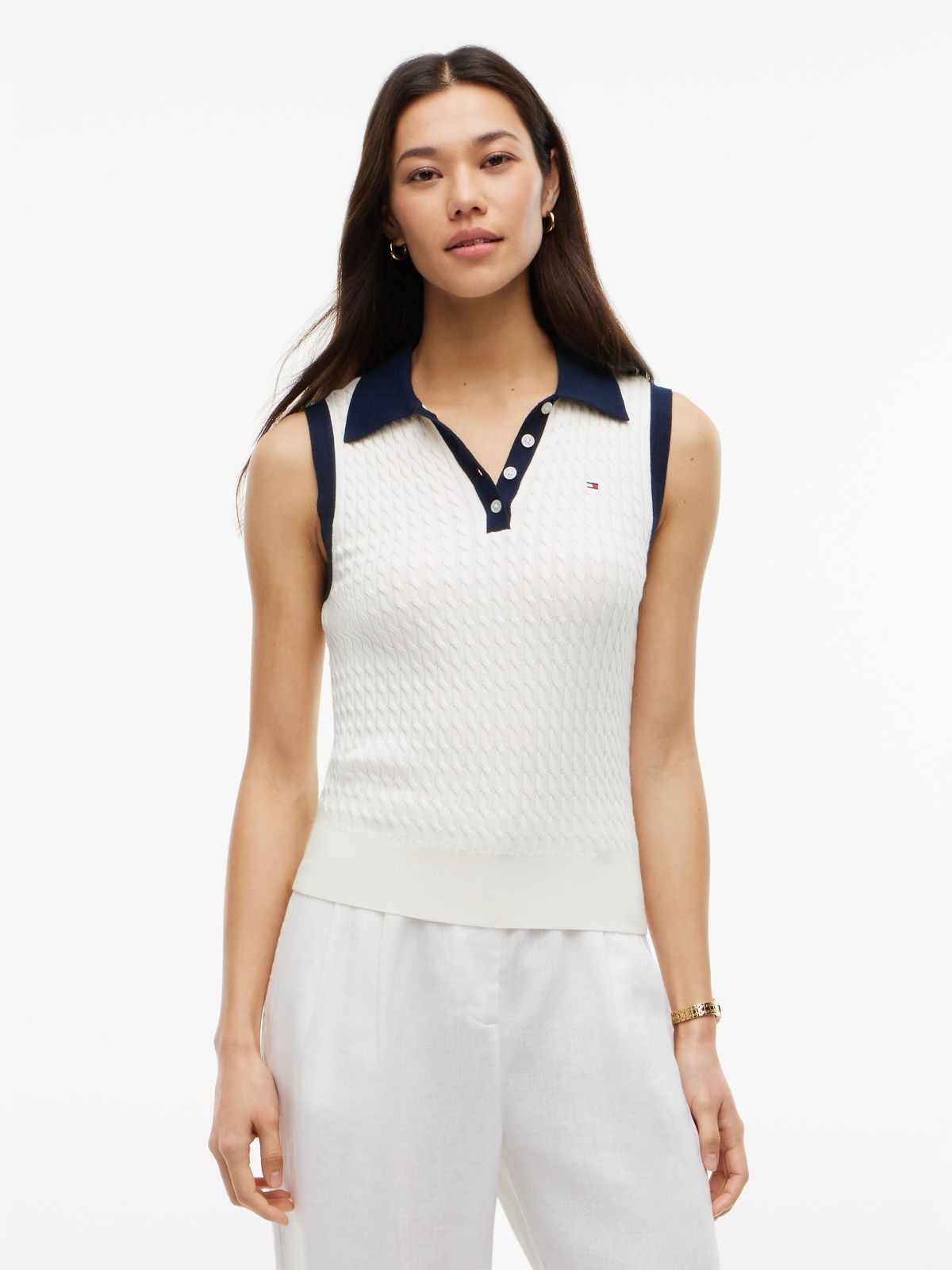 Cable Knit Slim Sleeveless Polo Jumper — Beige
