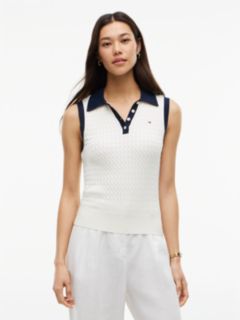 Cable Knit Slim Sleeveless Polo Jumper — Beige 1