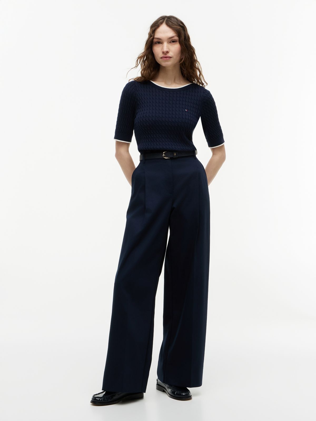Cable Knit Boat Neck Short Sleeve Jumper — Blue