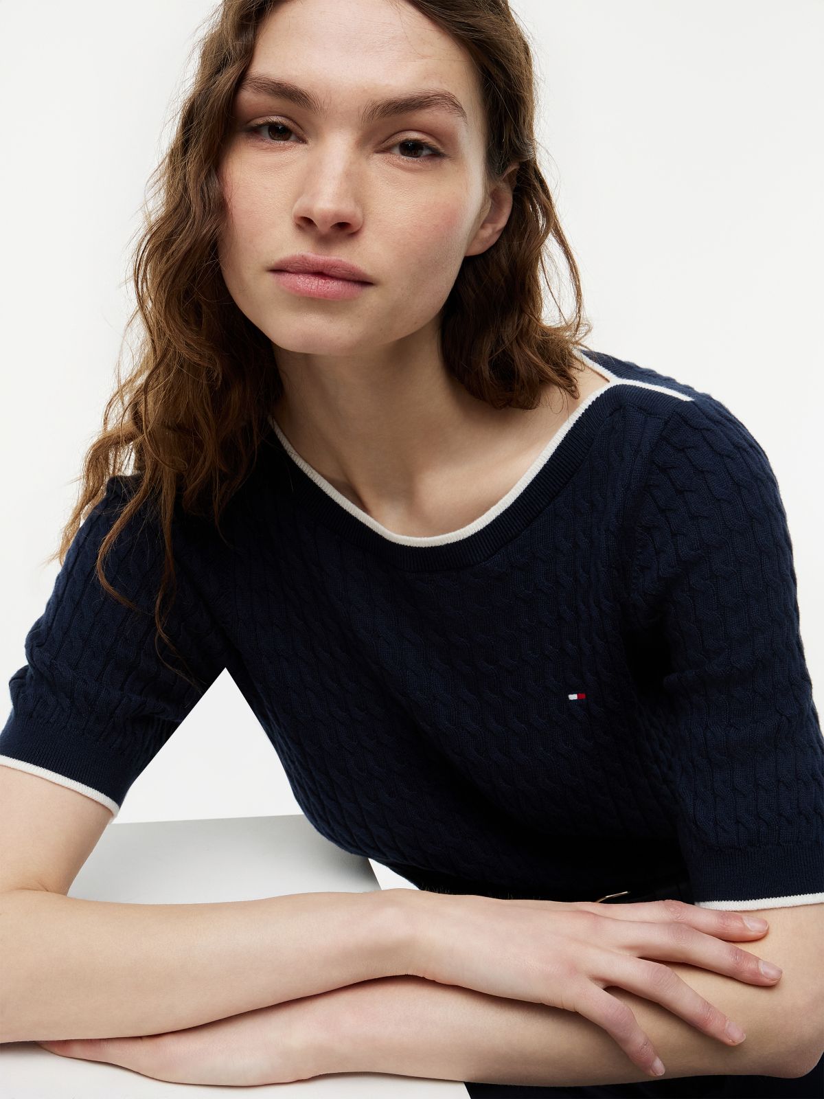 Cable Knit Boat Neck Short Sleeve Jumper — Blue