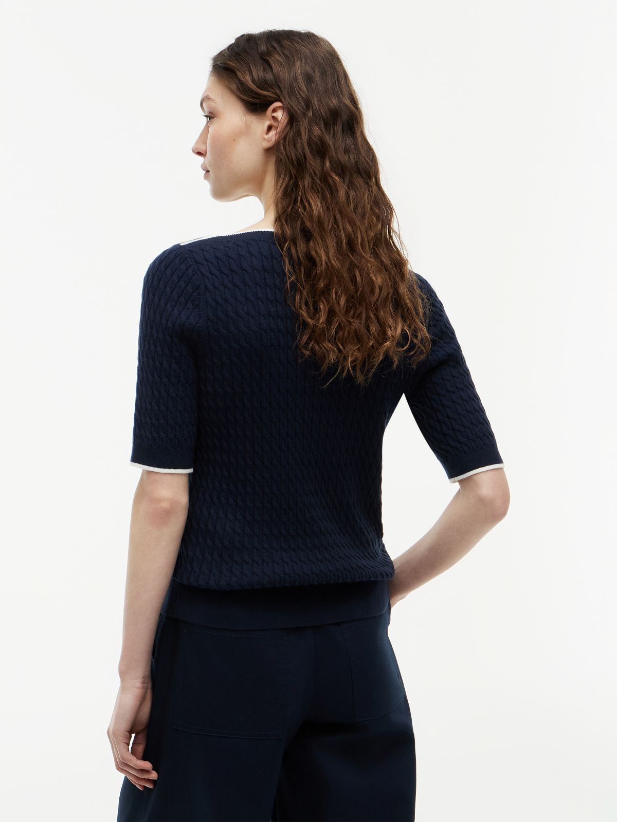 Cable Knit Boat Neck Short Sleeve Jumper — Blue