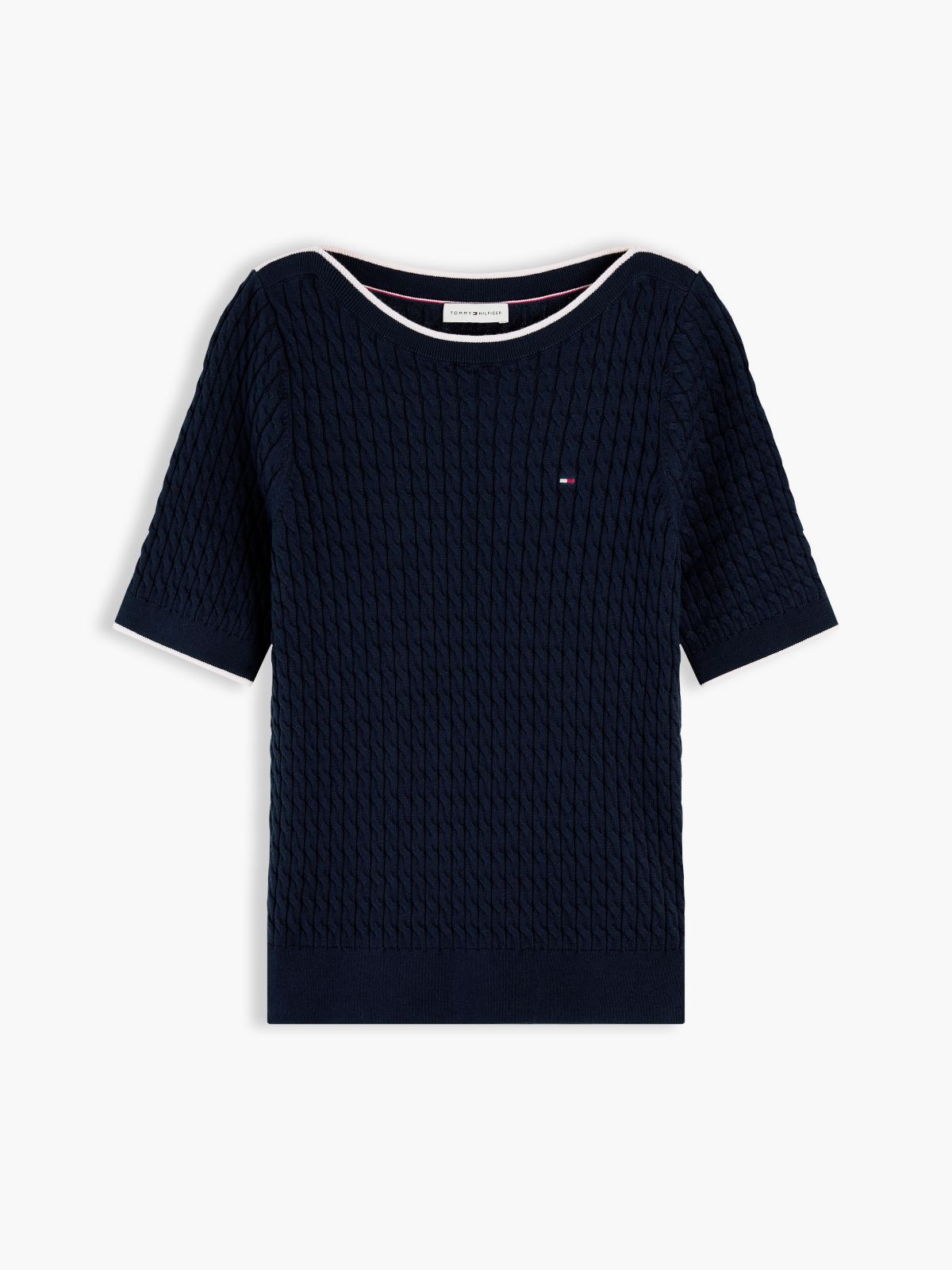 Cable Knit Boat Neck Short Sleeve Jumper — Blue
