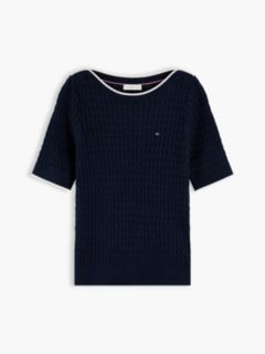 Cable Knit Boat Neck Short Sleeve Jumper — Blue 5