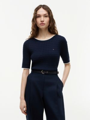 pull manches courtes en maille torsadée col bateau blue pour femmes tommy hilfiger