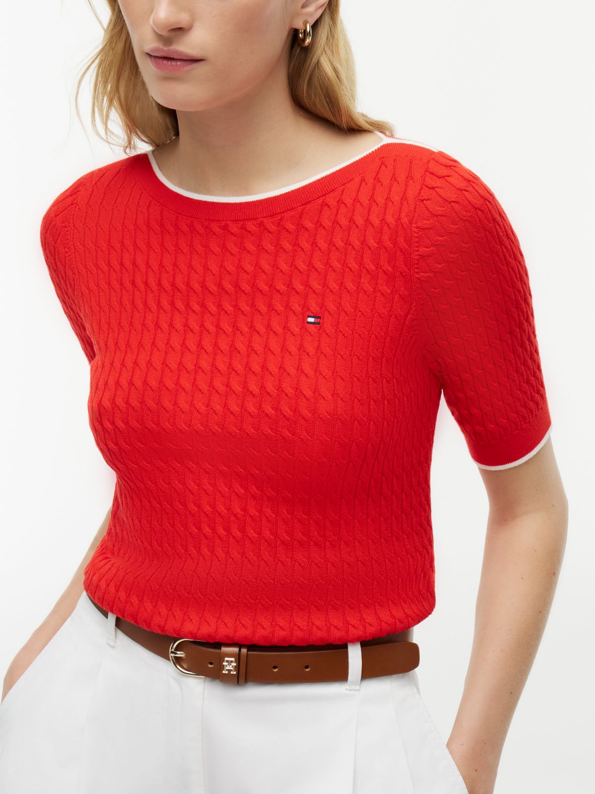 Cable Knit Boat Neck Short Sleeve Jumper — Red