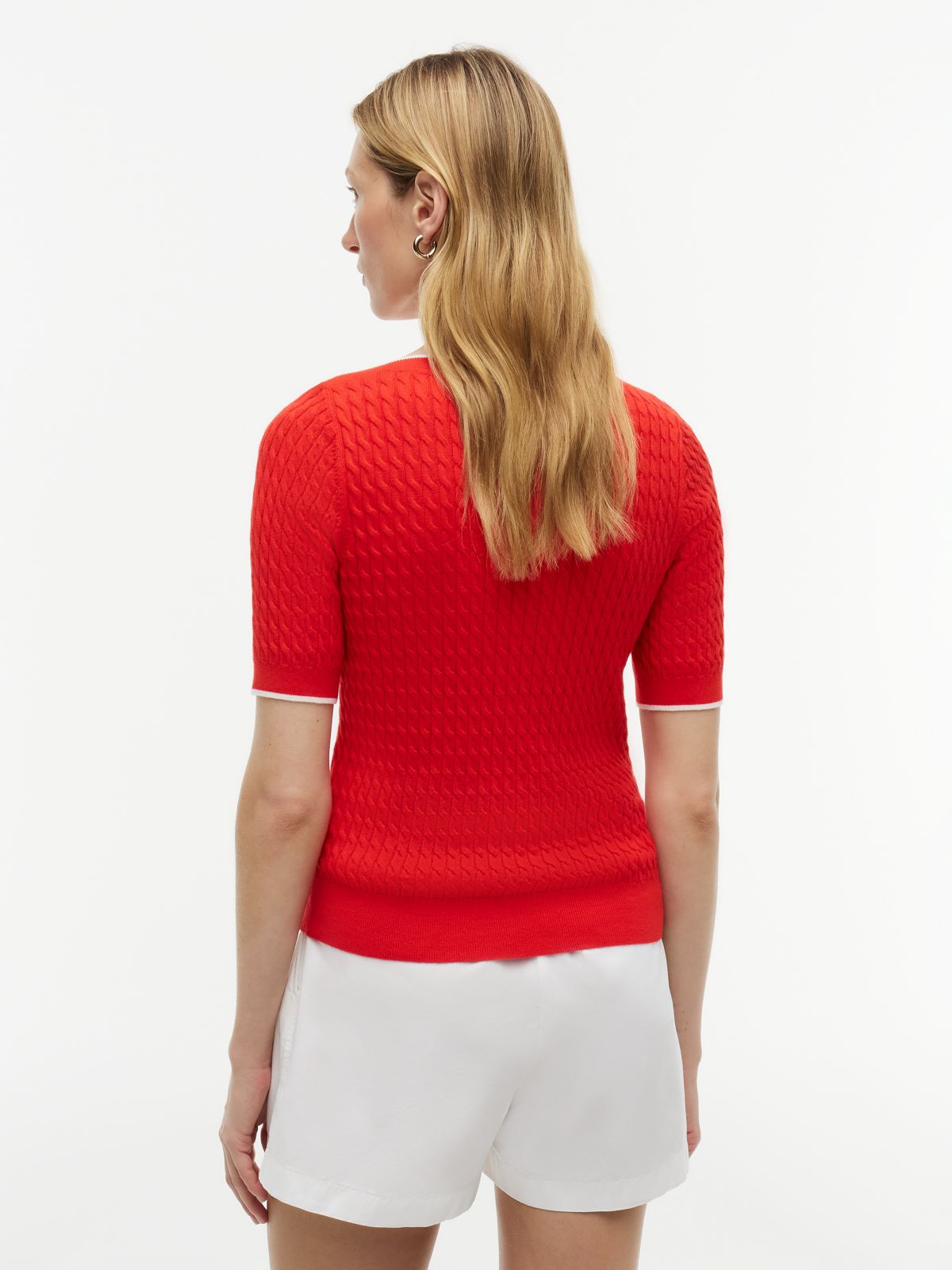 Cable Knit Boat Neck Short Sleeve Jumper — Red