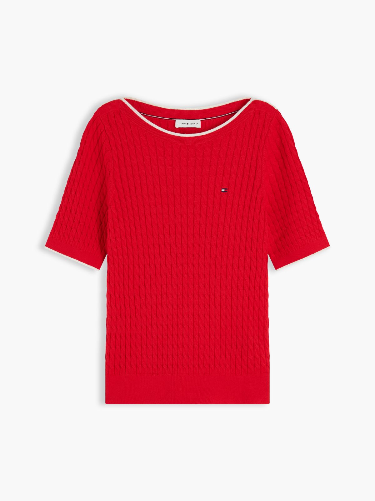 Cable Knit Boat Neck Short Sleeve Jumper — Red