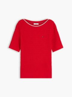 Cable Knit Boat Neck Short Sleeve Jumper — Red 5
