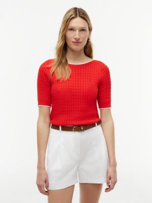 red zopfmuster-pullover mit u-boot-ausschnitt und kurzen ärmeln für damen - tommy hilfiger