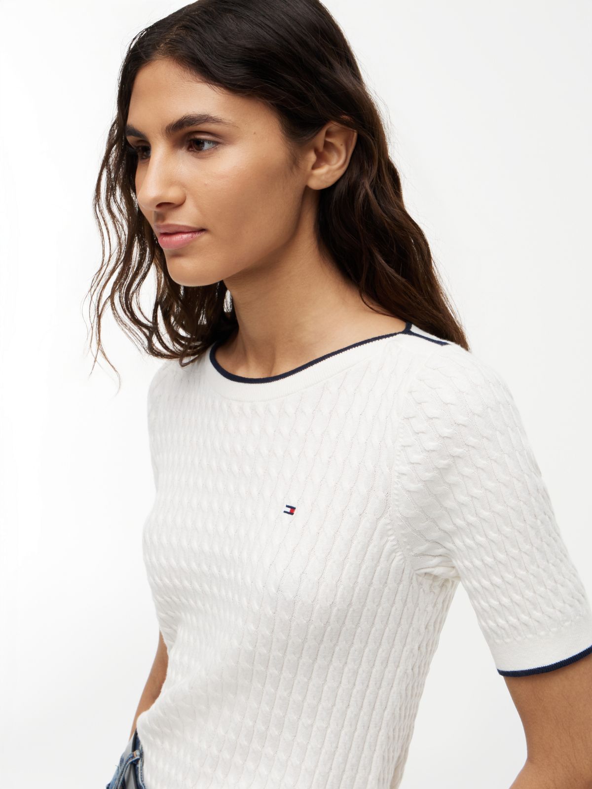 Cable Knit Boat Neck Short Sleeve Jumper — Beige