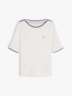 Cable Knit Boat Neck Short Sleeve Jumper — Beige 5