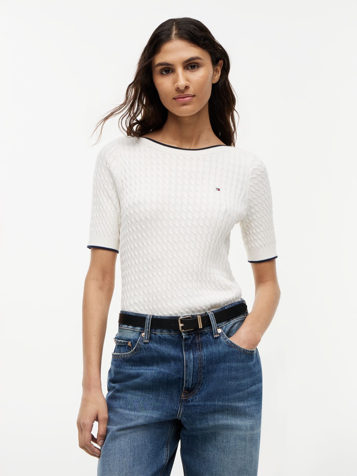 Cable Knit Boat Neck Short Sleeve Jumper — Beige