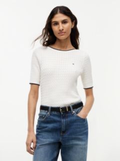 Cable Knit Boat Neck Short Sleeve Jumper — Beige 1