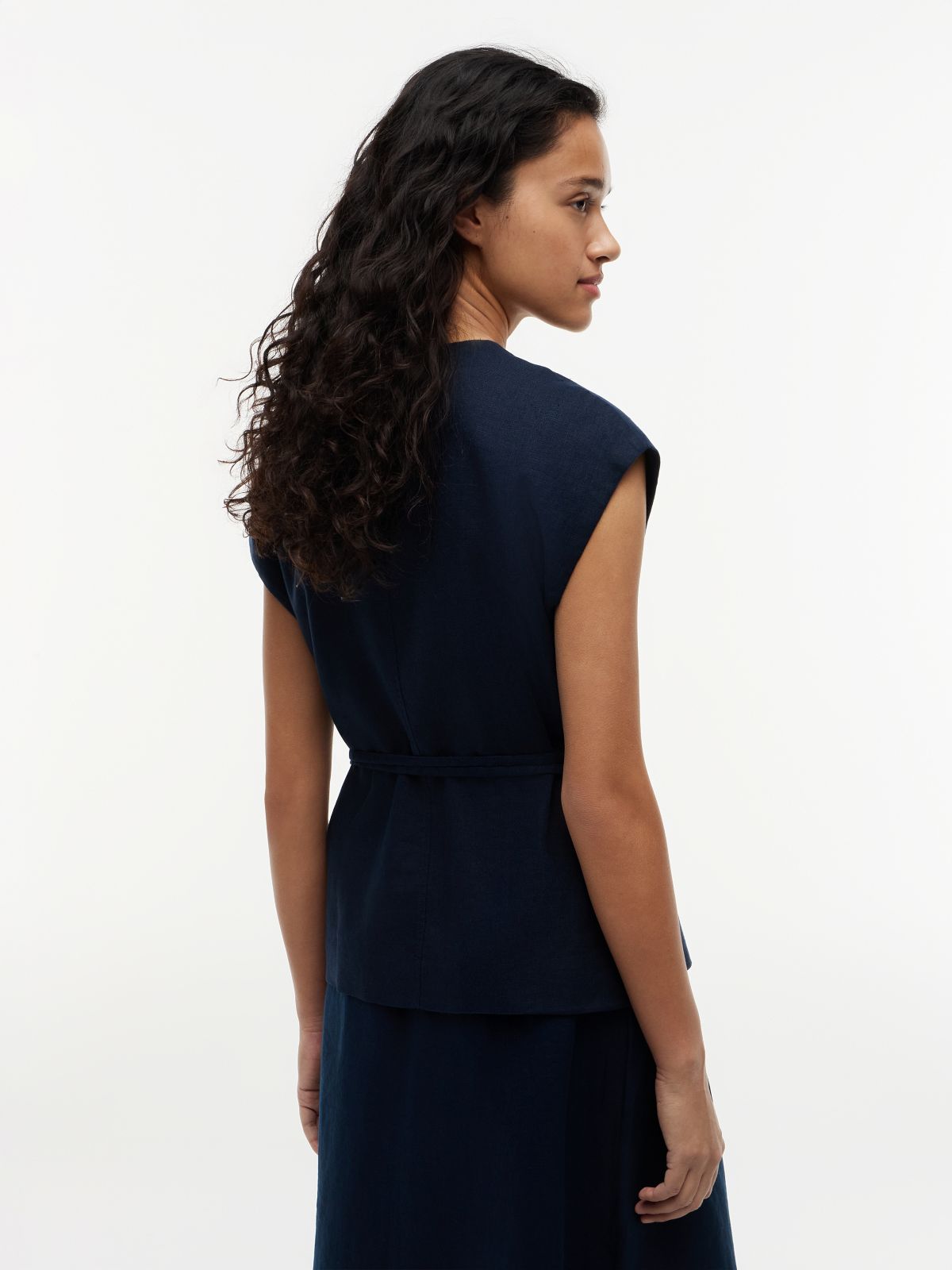 Linen Blend Tie Wrap Waistcoat — Blue