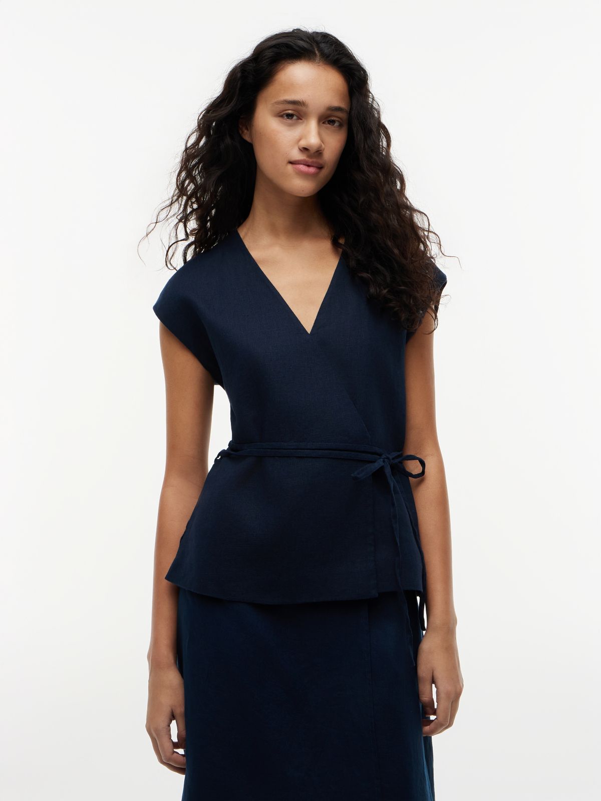Linen Blend Tie Wrap Waistcoat — Blue