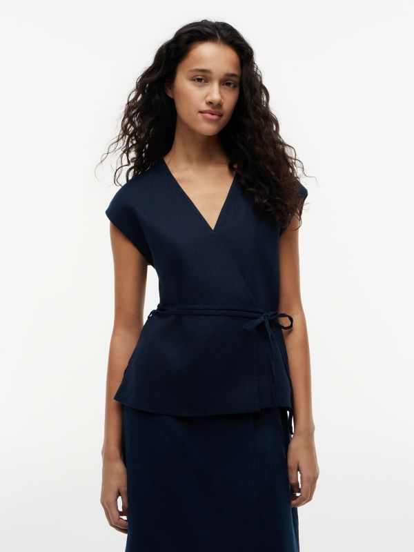 Linen Blend Tie Wrap Waistcoat — Blue