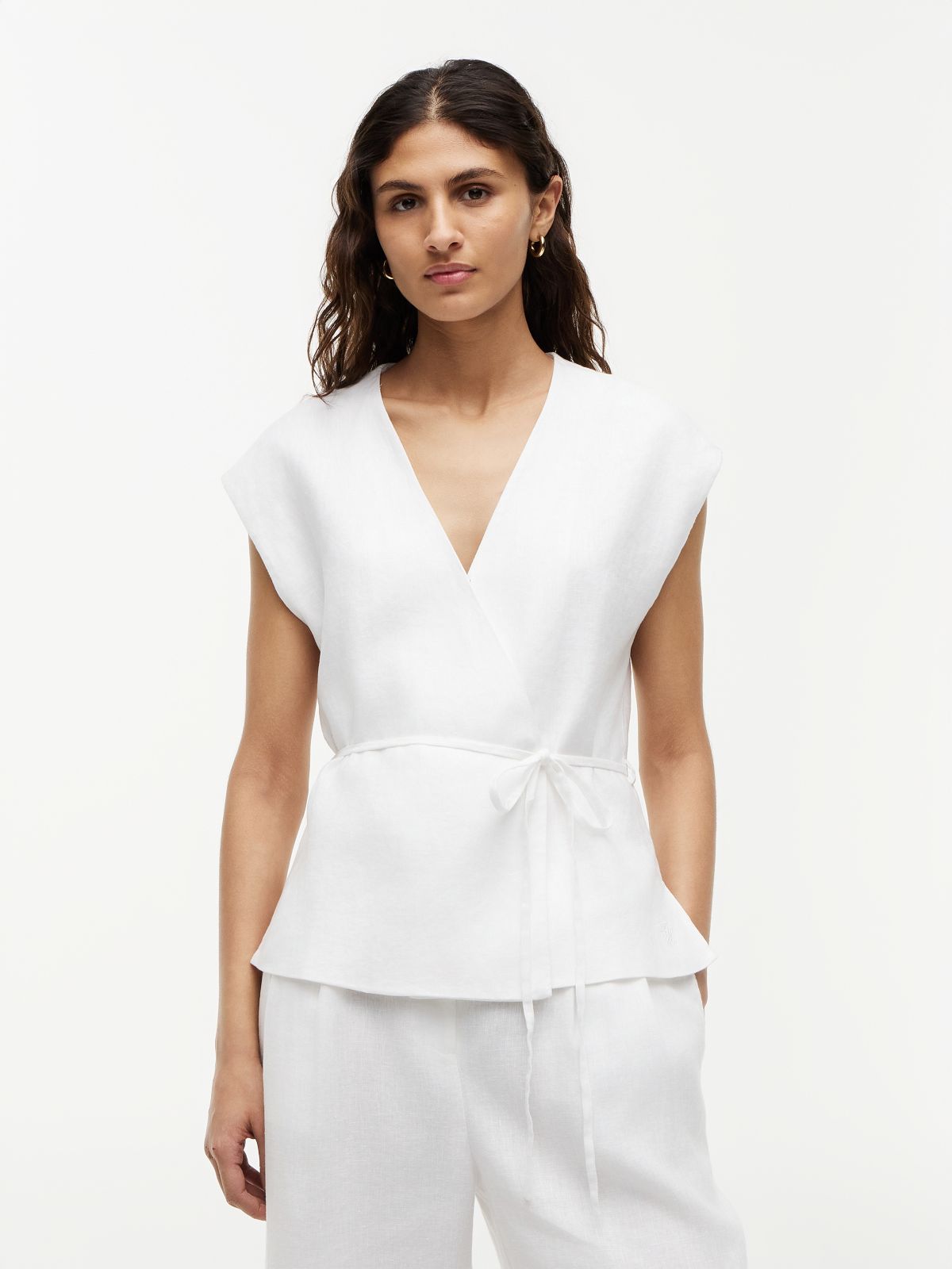 Linen Blend Tie Wrap Waistcoat — White