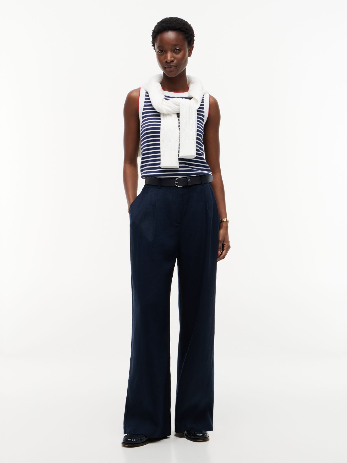 Linen Blend Tailored Wide Leg Trousers — Blue