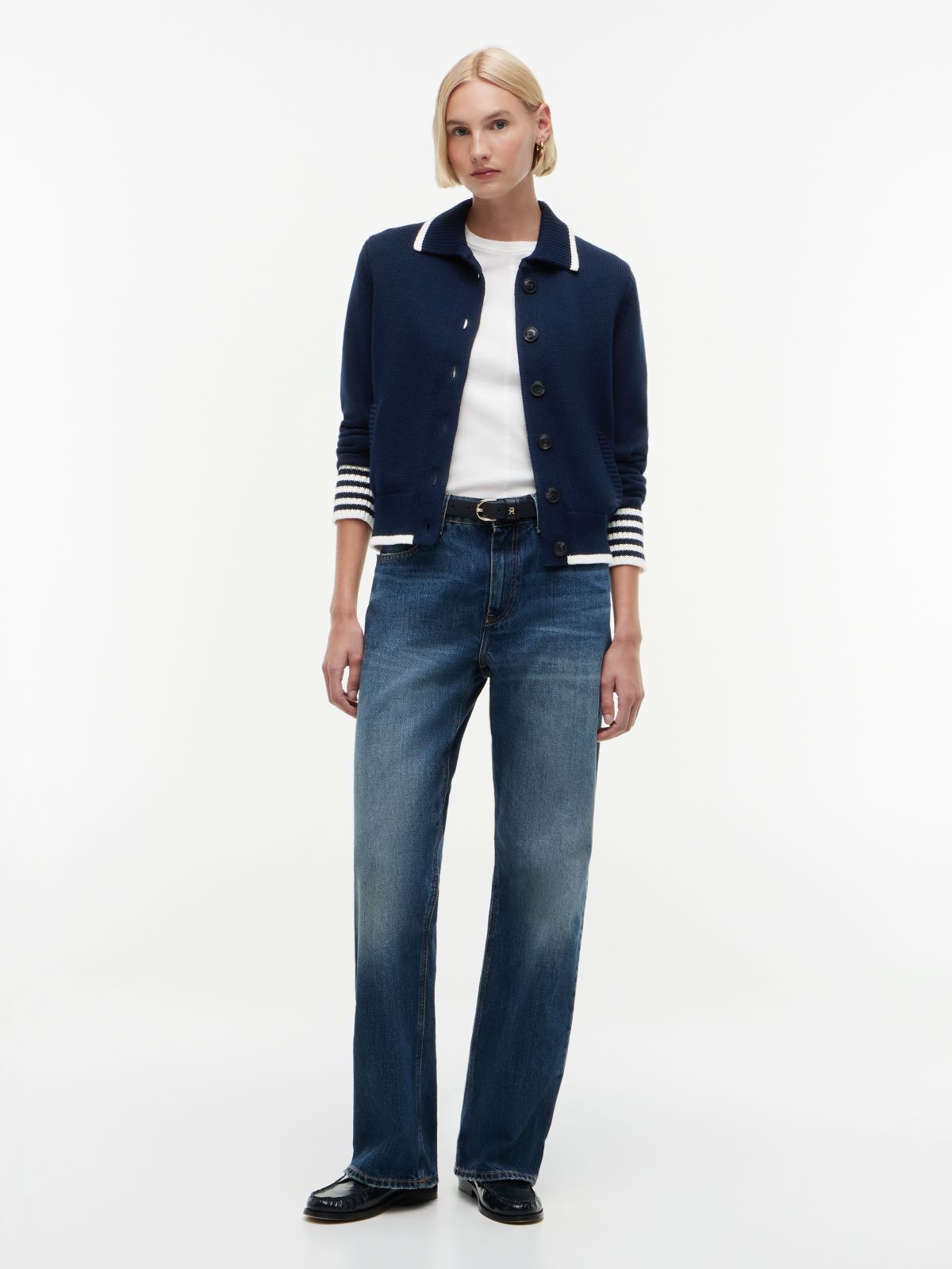 Back Logo Embroidery Relaxed Polo Cardigan — Blue