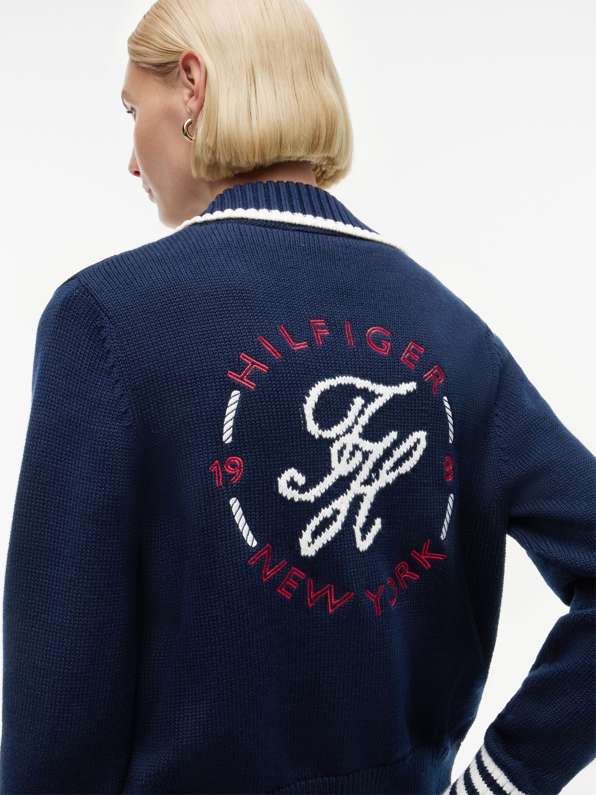 Back Logo Embroidery Relaxed Polo Cardigan — Blue