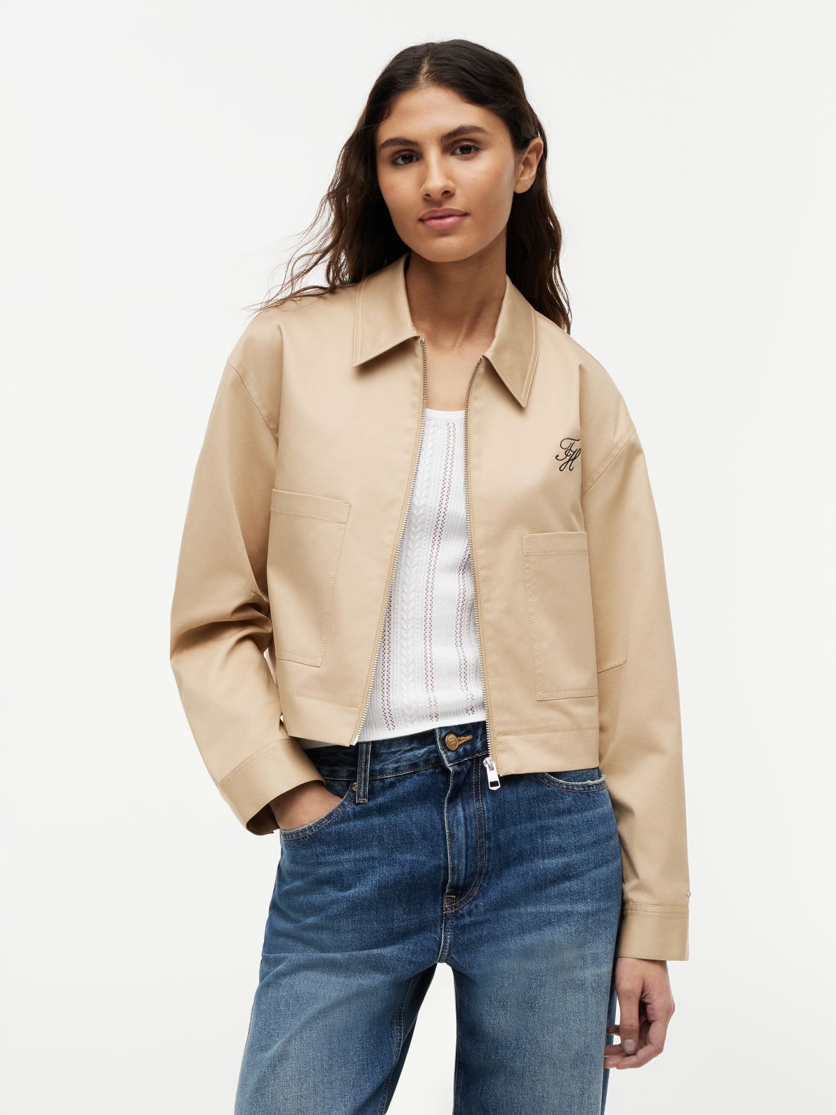 Logo Patch Pocket Twill Short Jacket — Beige
