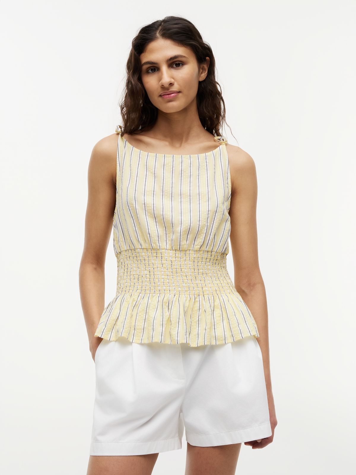 Smock Seersucker Tie Strap Top — Yellow