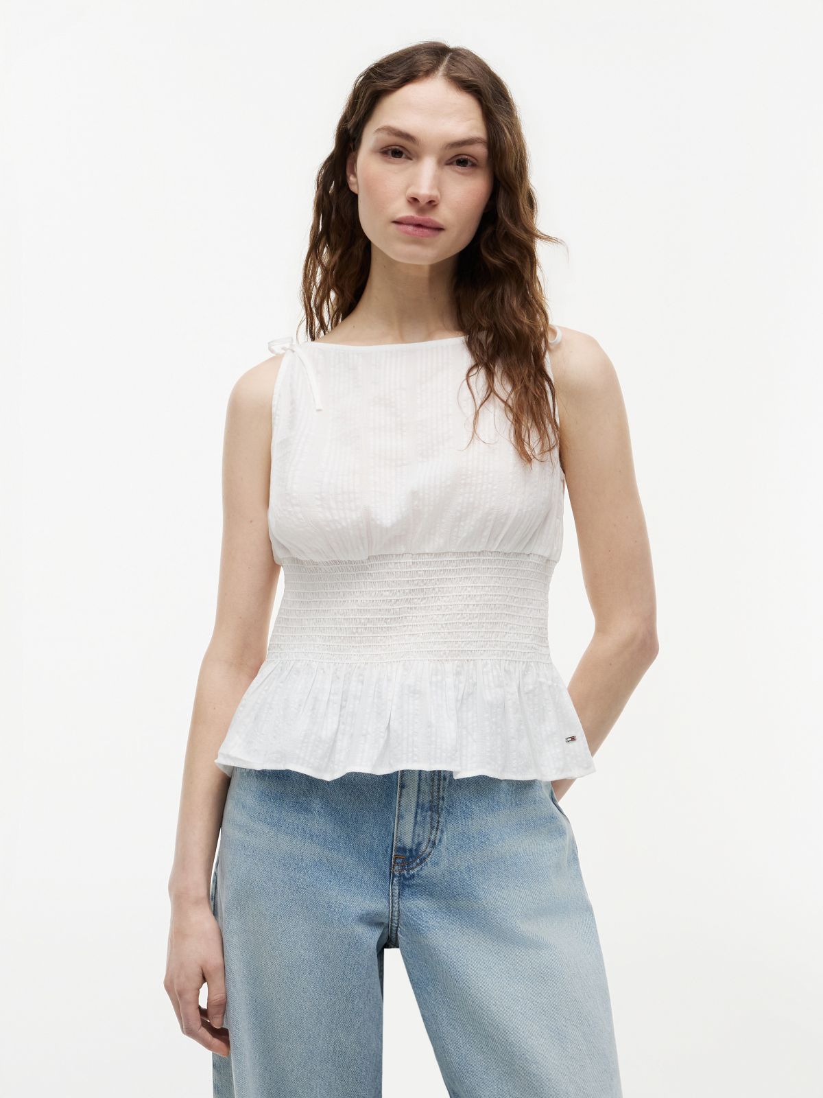 Smock Seersucker Tie Strap Top — White