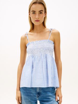 blue seersucker smock spaghetti strap top for women tommy hilfiger