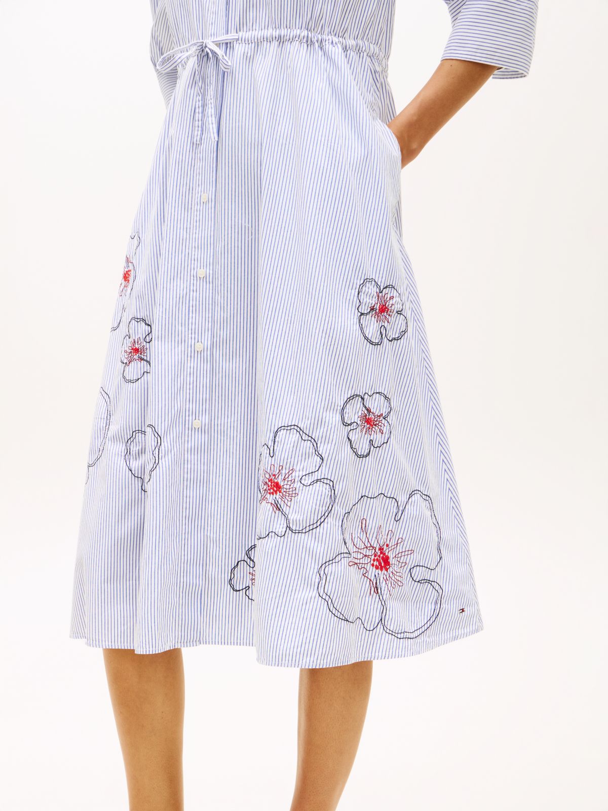 Embroidery Poplin Midi Shirt Dress — Blue