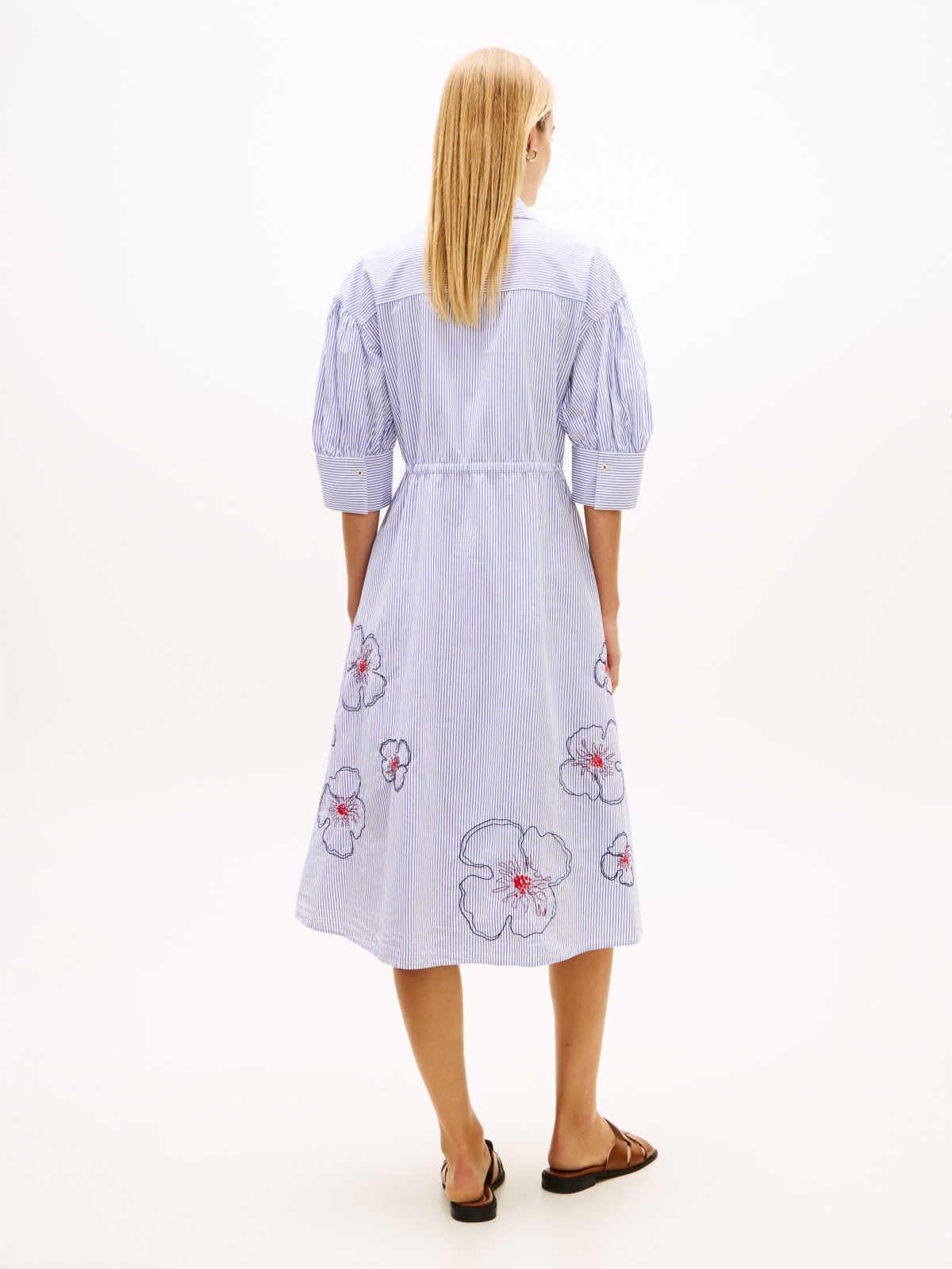 Embroidery Poplin Midi Shirt Dress — Blue