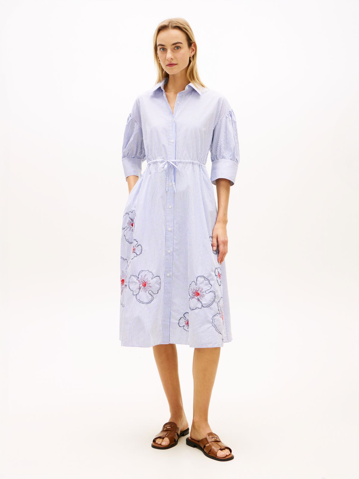 Embroidery Poplin Midi Shirt Dress — Blue