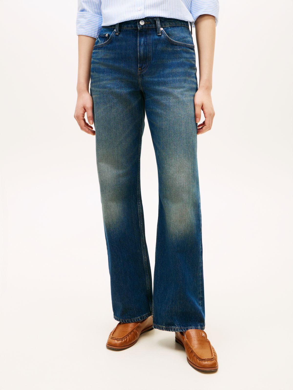 Whiskered Mid Rise Loose Straight Leg Jeans — Blue