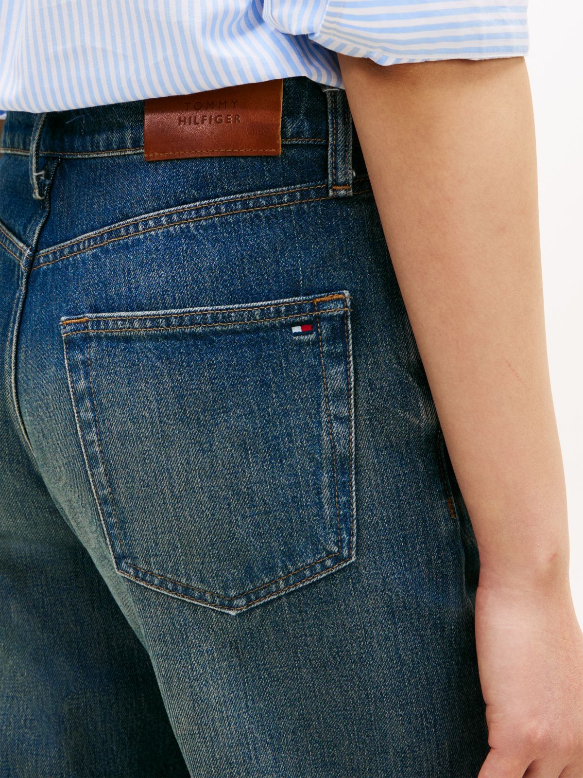 Whiskered Mid Rise Loose Straight Leg Jeans — Blue