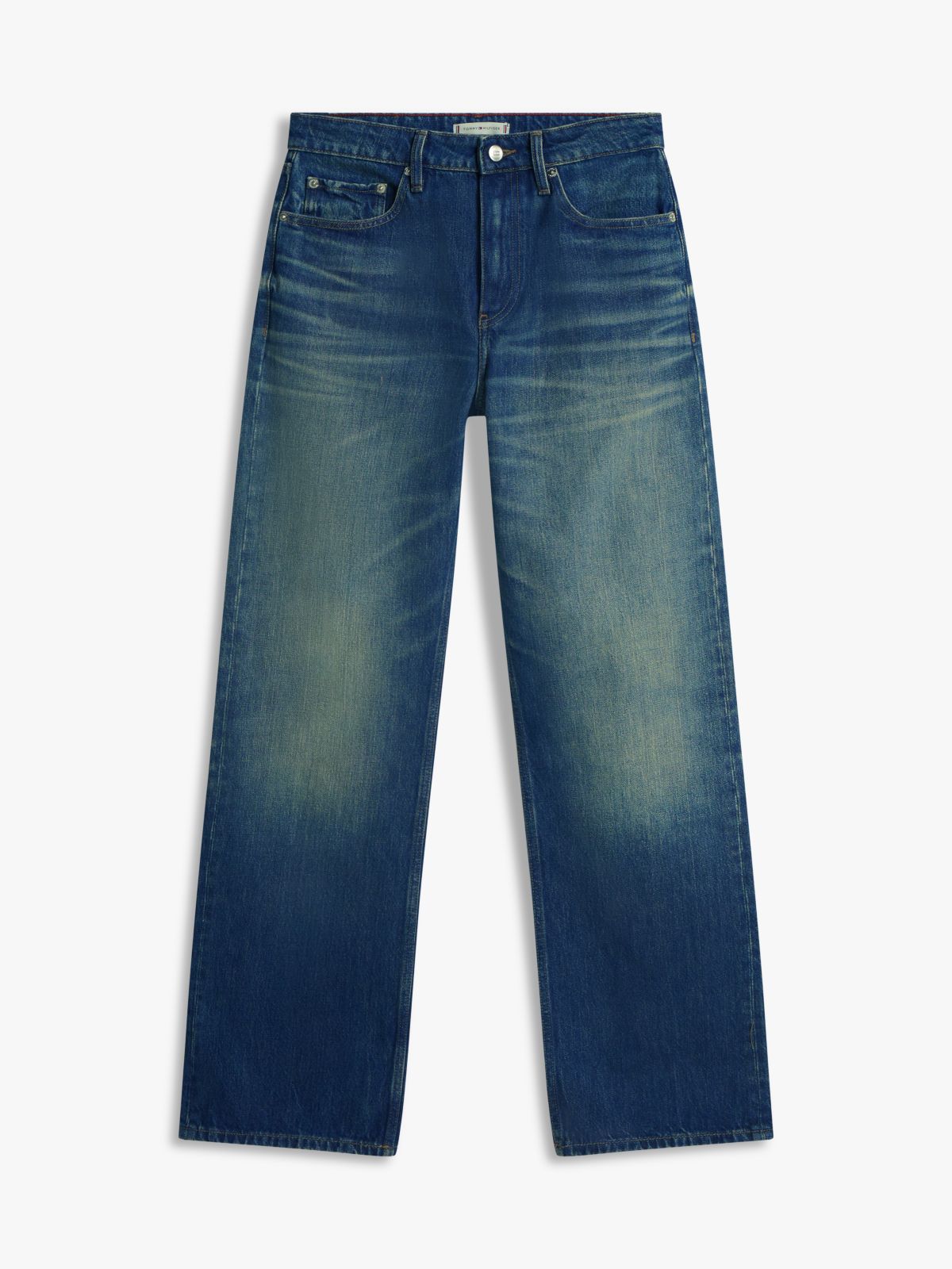 Whiskered Mid Rise Loose Straight Leg Jeans — Blue