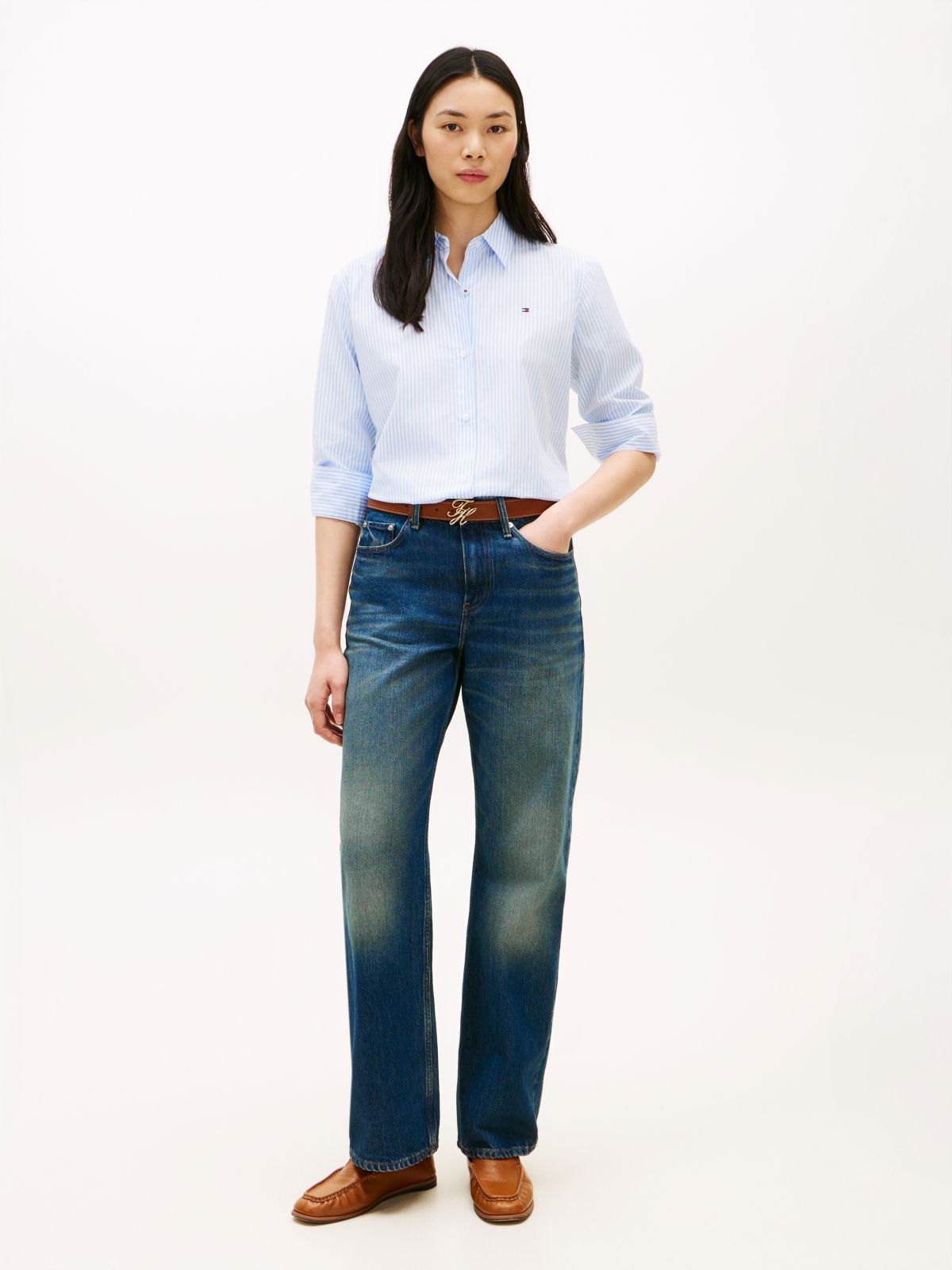 Whiskered Mid Rise Loose Straight Leg Jeans — Blue