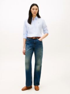 Whiskered Mid Rise Loose Straight Leg Jeans — Blue 1