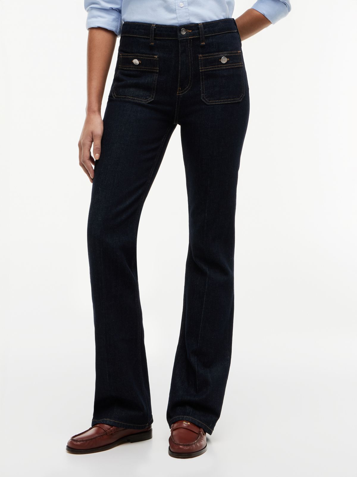 Patch Pocket Mid Rise Bootcut Jeans — Blue