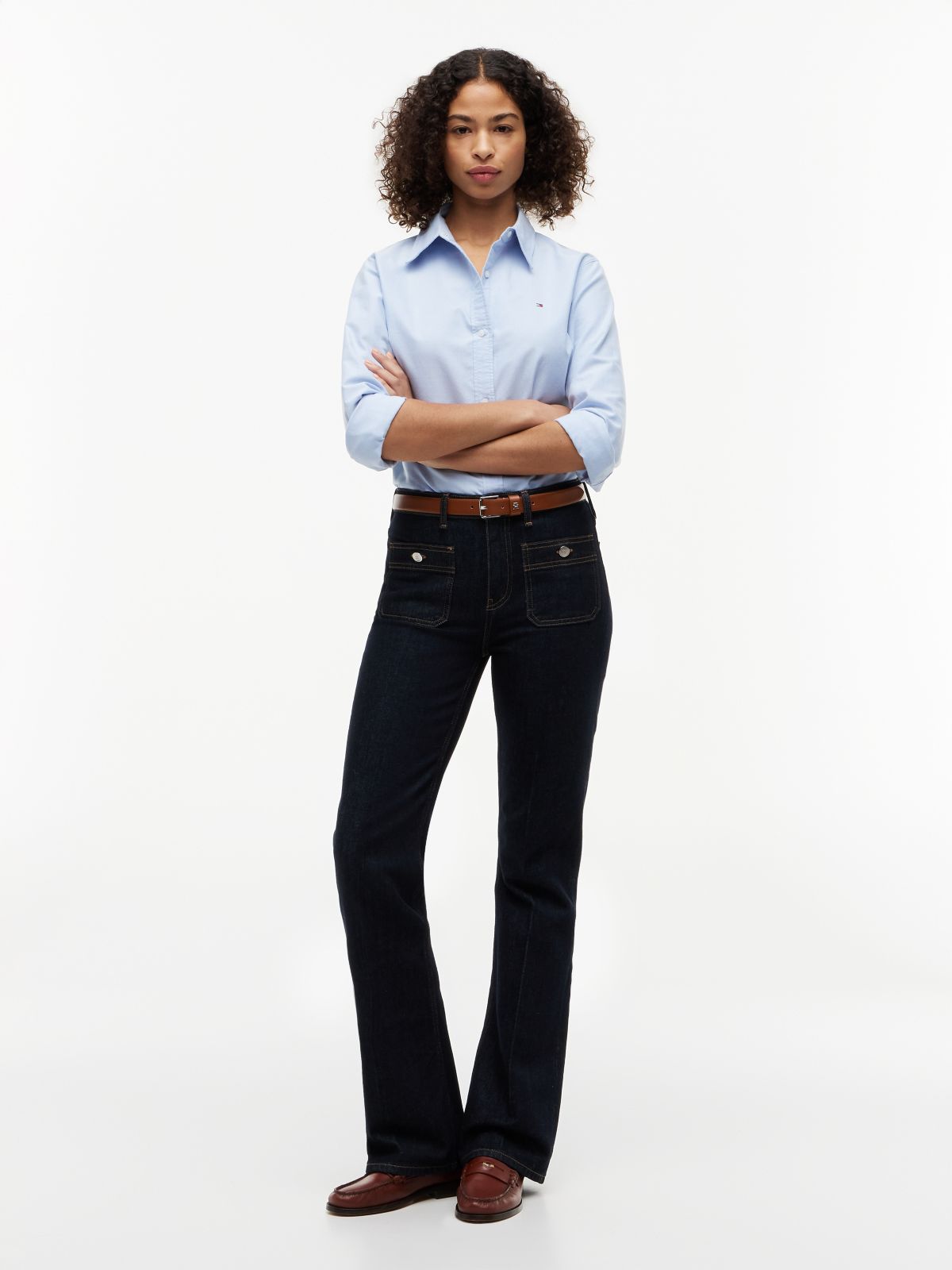 Patch Pocket Mid Rise Bootcut Jeans — Blue