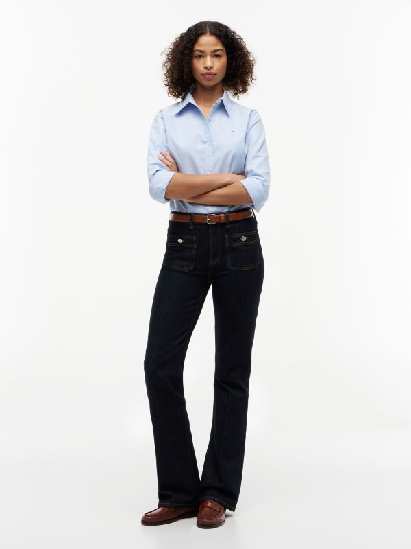 Patch Pocket Mid Rise Bootcut Jeans — Blue