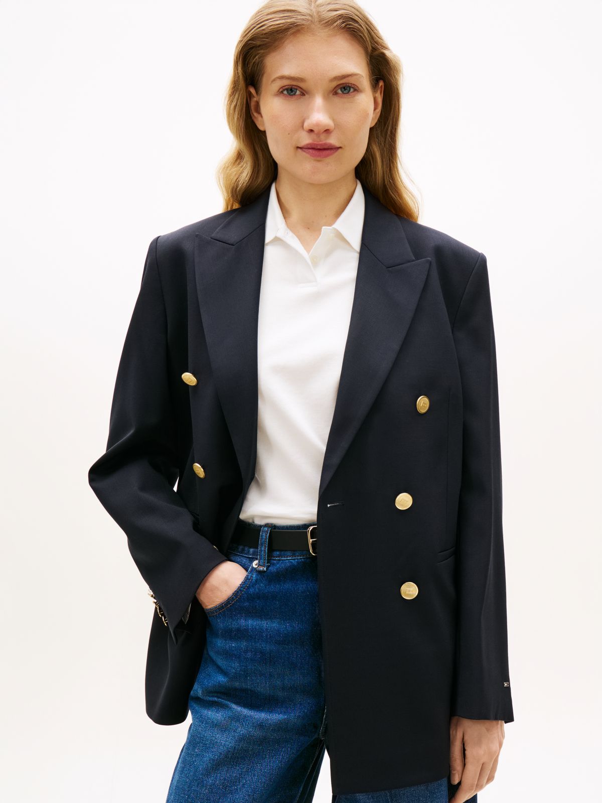 Timeless Wool Blend Relaxed Double Breasted Blazer — Blue