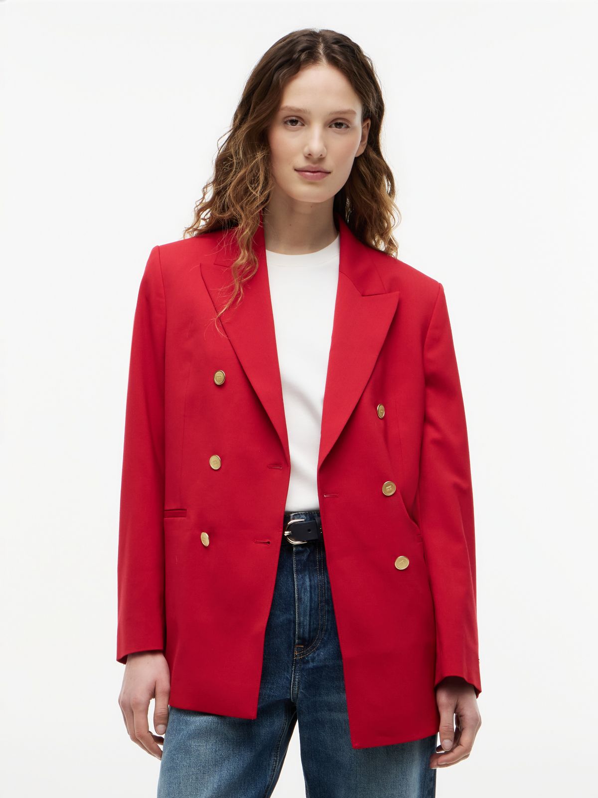 Timeless Wool Blend Relaxed Double Breasted Blazer — Red