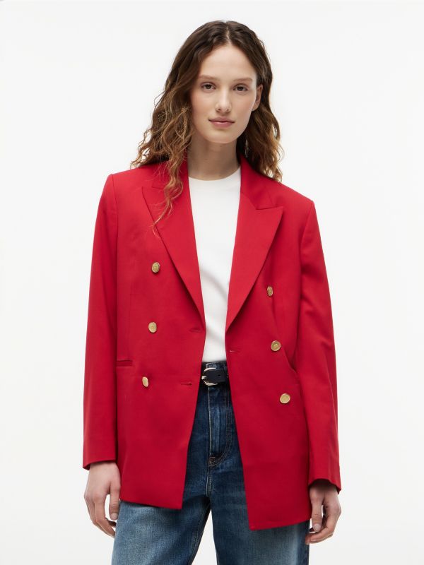 Timeless Wool Blend Relaxed Double Breasted Blazer — Red