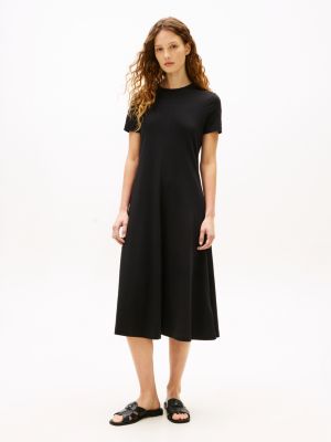 black interlock knit midi fit and flare dress for women tommy hilfiger