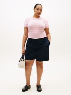 Curve Flag Embroidery Crew Neck Slim T-Shirt — Pink 3