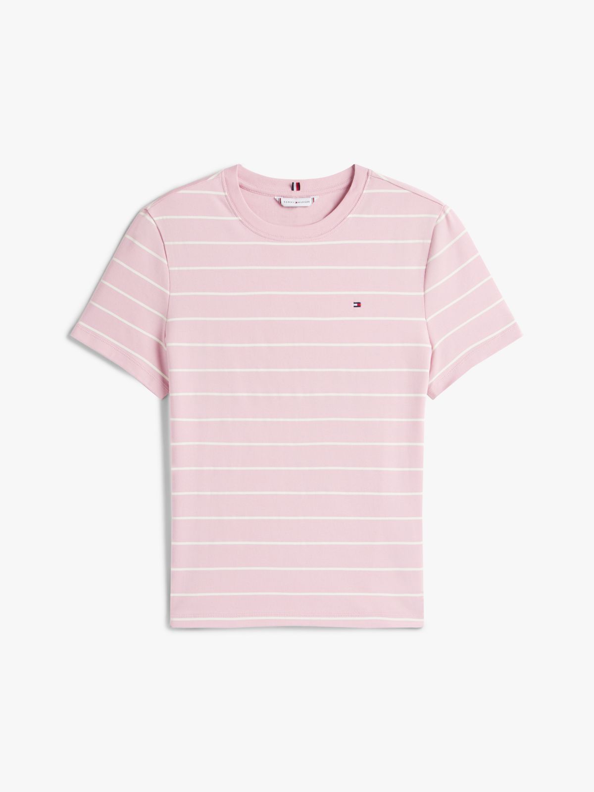 Curve Flag Embroidery Crew Neck Slim T-Shirt — Pink