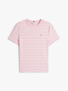 Curve Flag Embroidery Crew Neck Slim T-Shirt — Pink 5