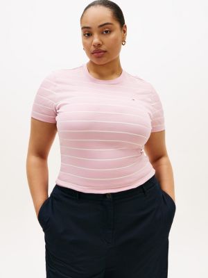 pink curve flag embroidery crew neck slim t-shirt for women tommy hilfiger