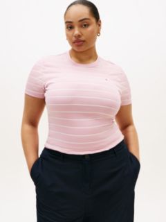 Curve Flag Embroidery Crew Neck Slim T-Shirt — Pink 1