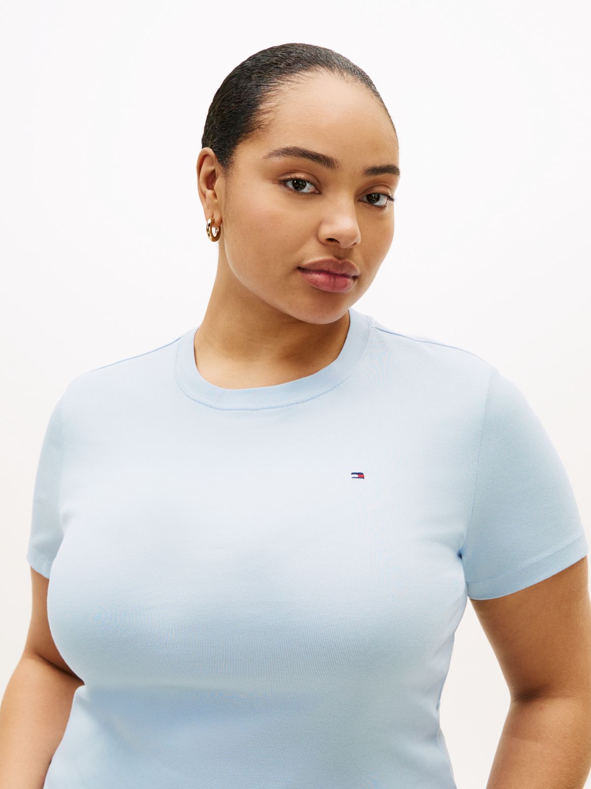 Curve Flag Embroidery Crew Neck Slim T-Shirt — Blue